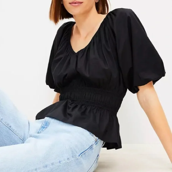 NWT LOFT Women's Romantic Black Peasant Smocked Waist Peplum Blouse Size Small - Picture 2 of 6